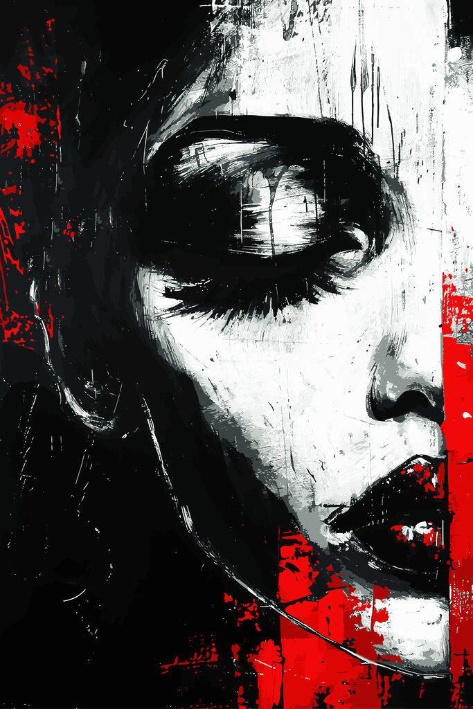 A woman's face with red lips and black eyes