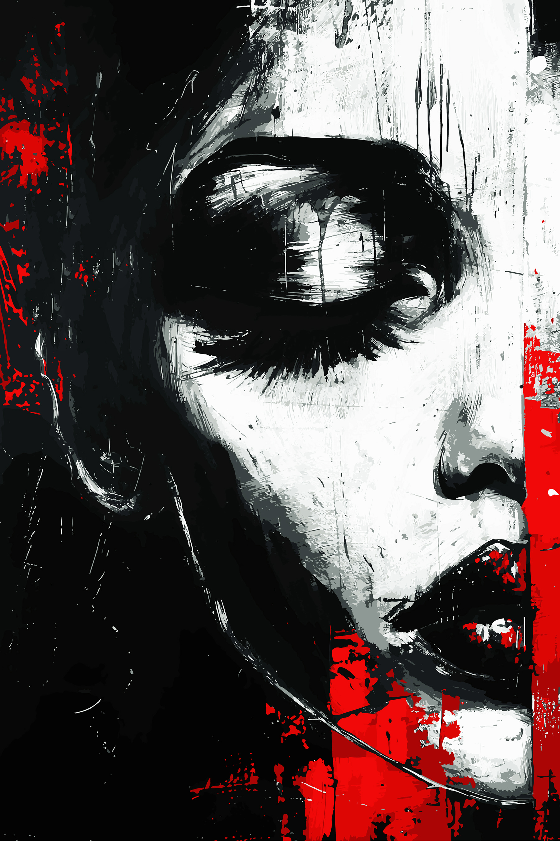 A woman's face with red lips and black eyes
