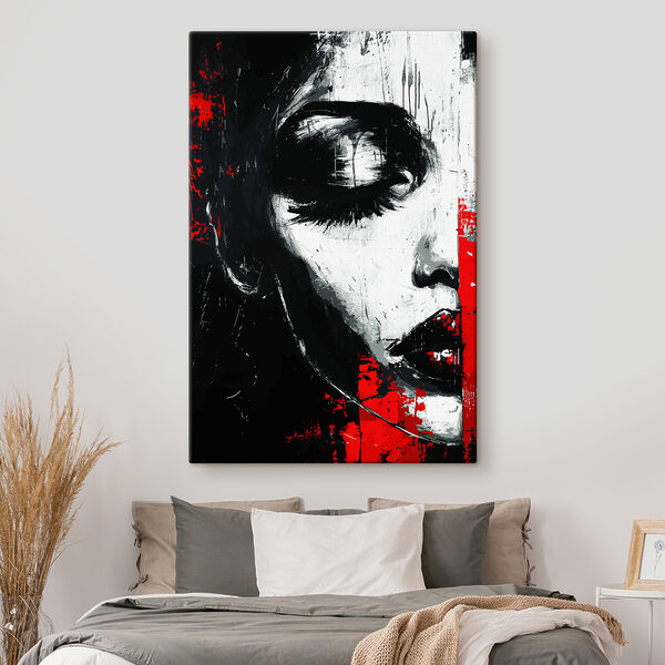 A woman's face with red lips and black eyes