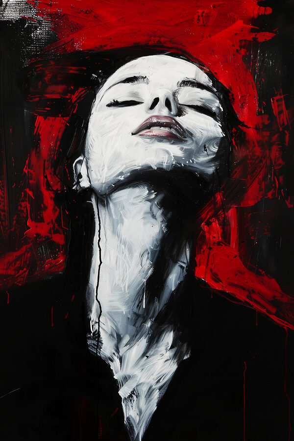 A painting of a woman with her eyes closed with The Andy Warhol Museum in the background A painting of a woman with her eyes closed with The Andy Warhol Museum in the background