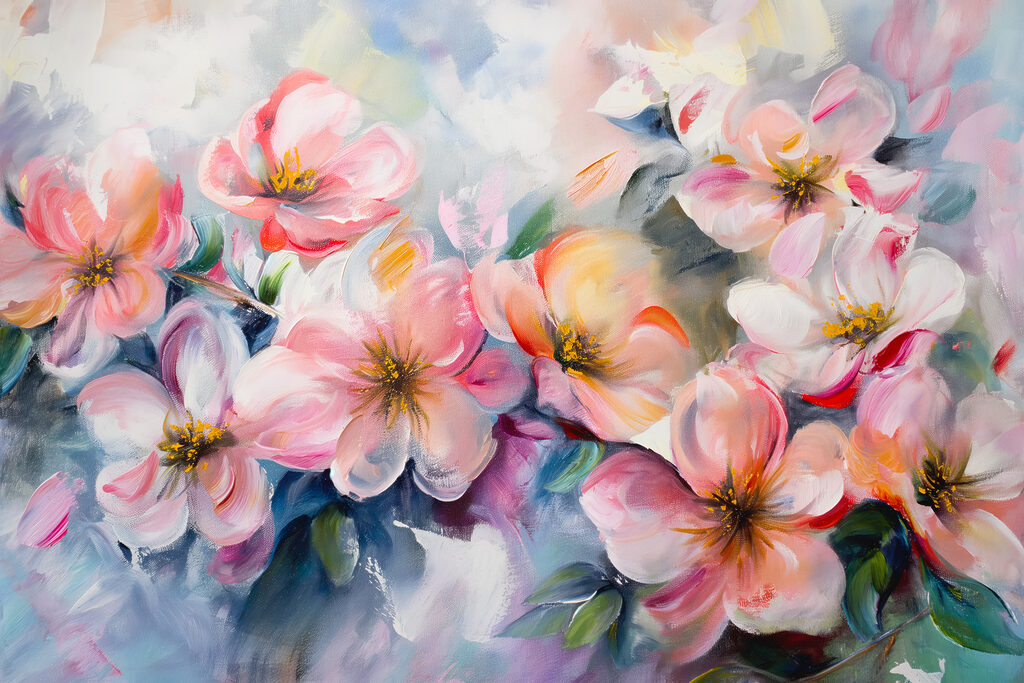 A painting of pink flowers