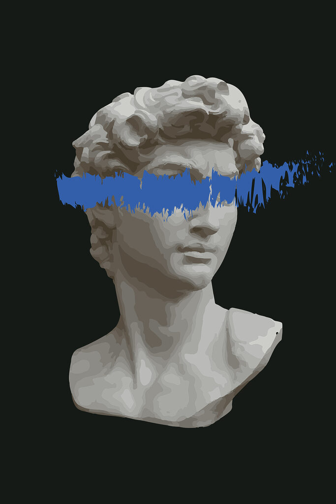 A statue of a man with a blue line A statue of a man with a blue line