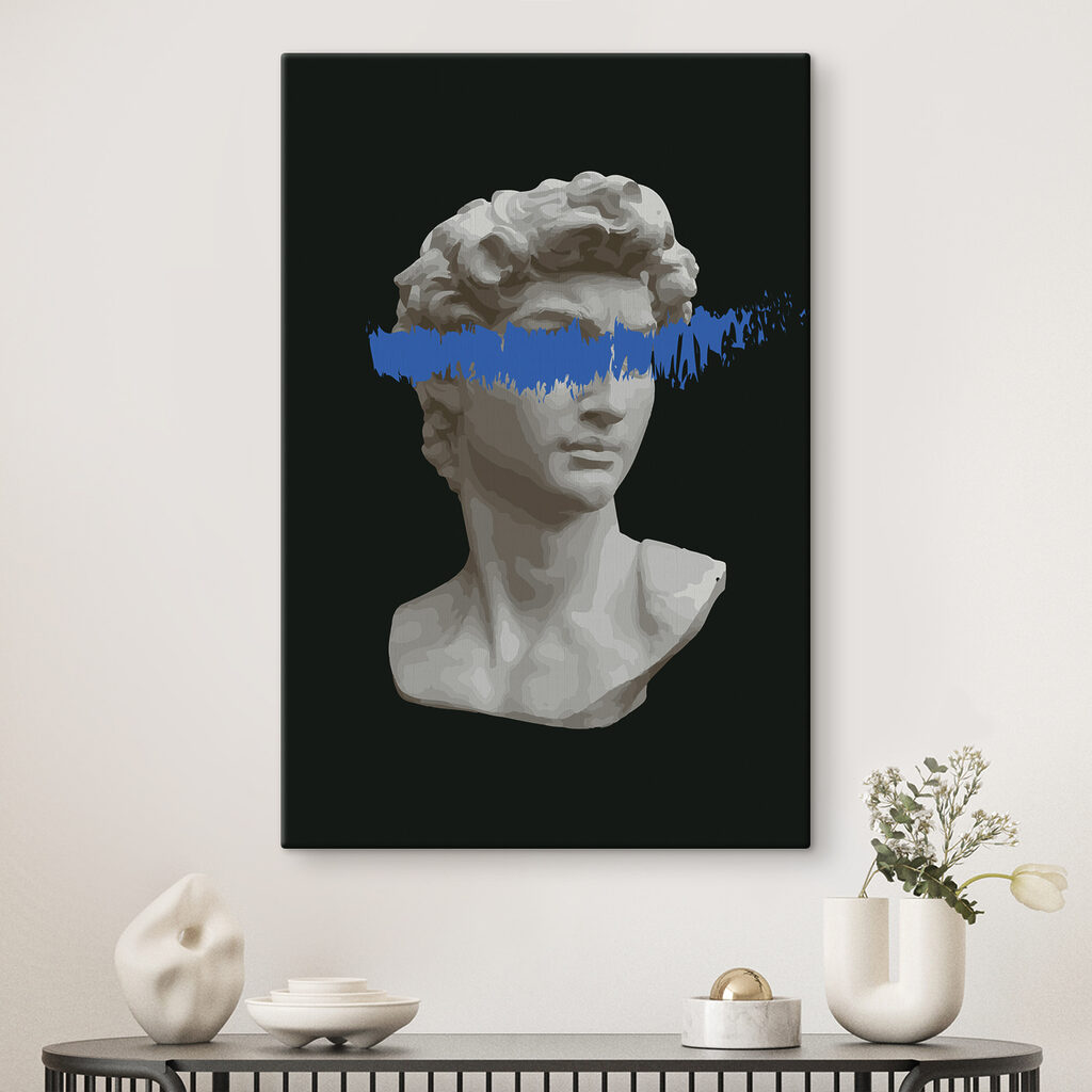A statue of a man with a blue line A statue of a man with a blue line