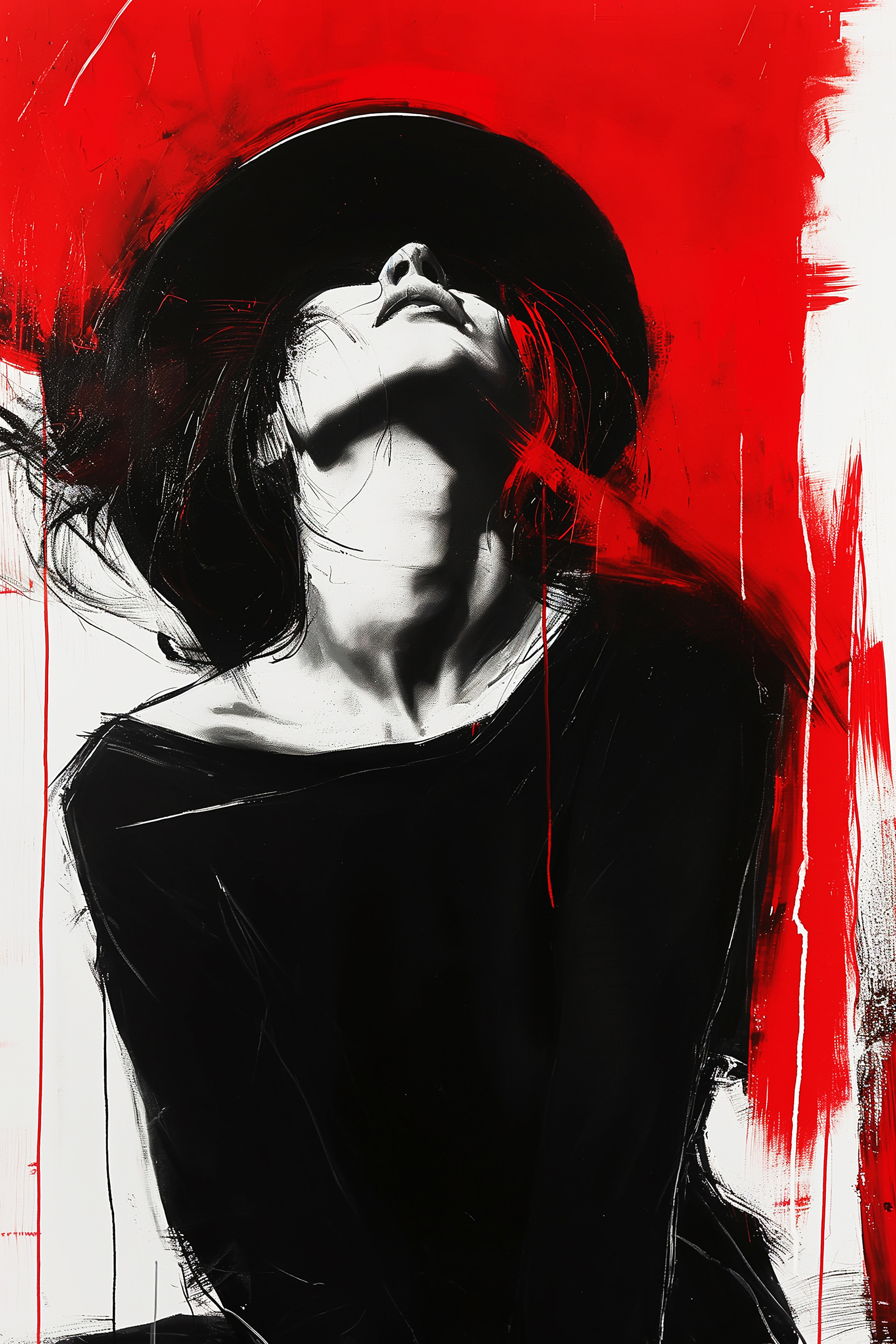 A woman with black hat and red background