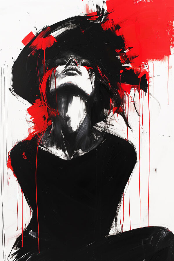 A painting of a woman with red paint on her face