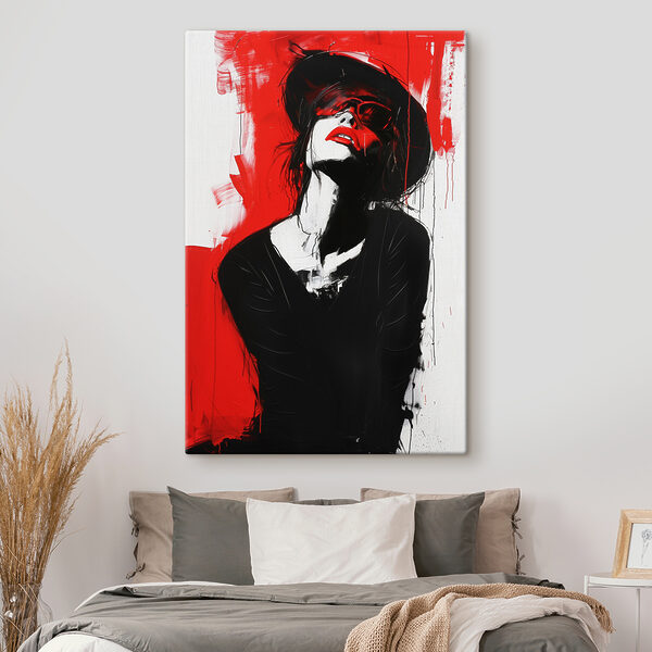 A woman with red lips and black hat