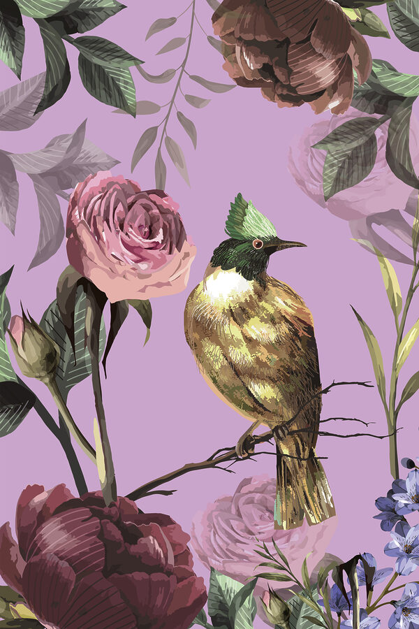 A bird on a branch with flowers