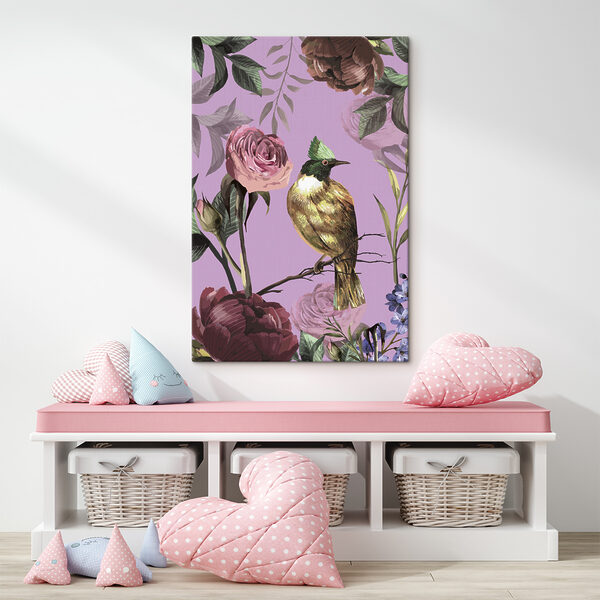 A bird on a branch with flowers