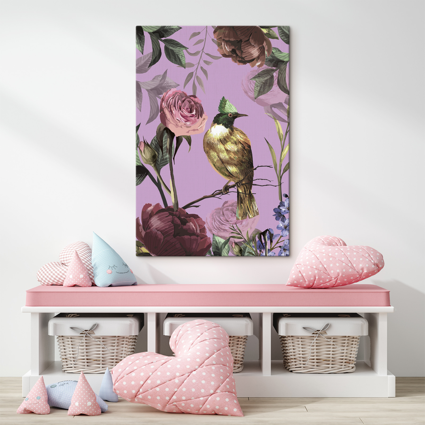 A bird on a branch with flowers