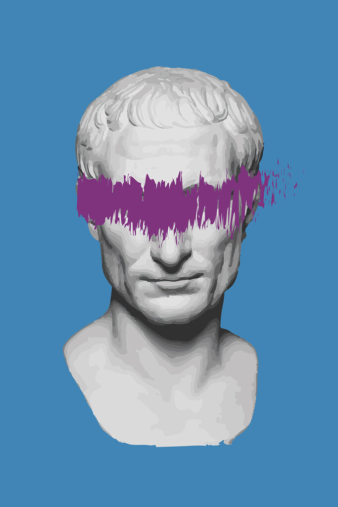 A white statue with purple line over eyes