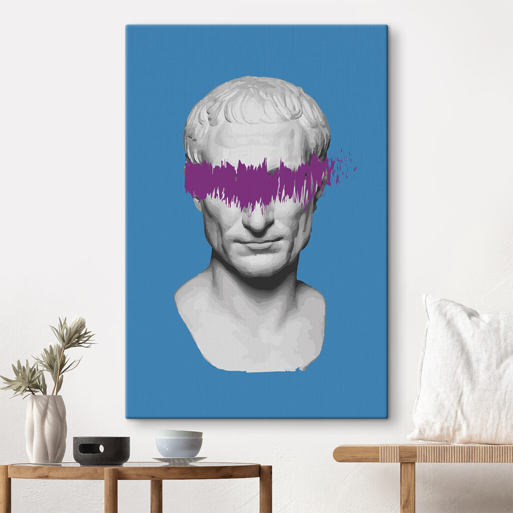 A white statue with purple line over eyes