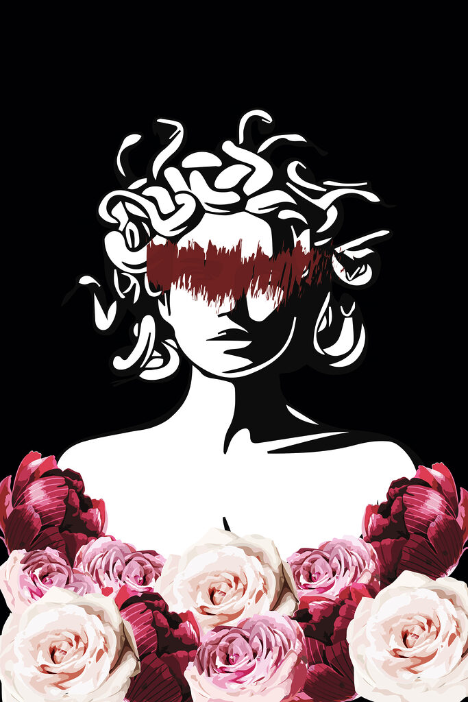 A woman with medusa's hair and flowers