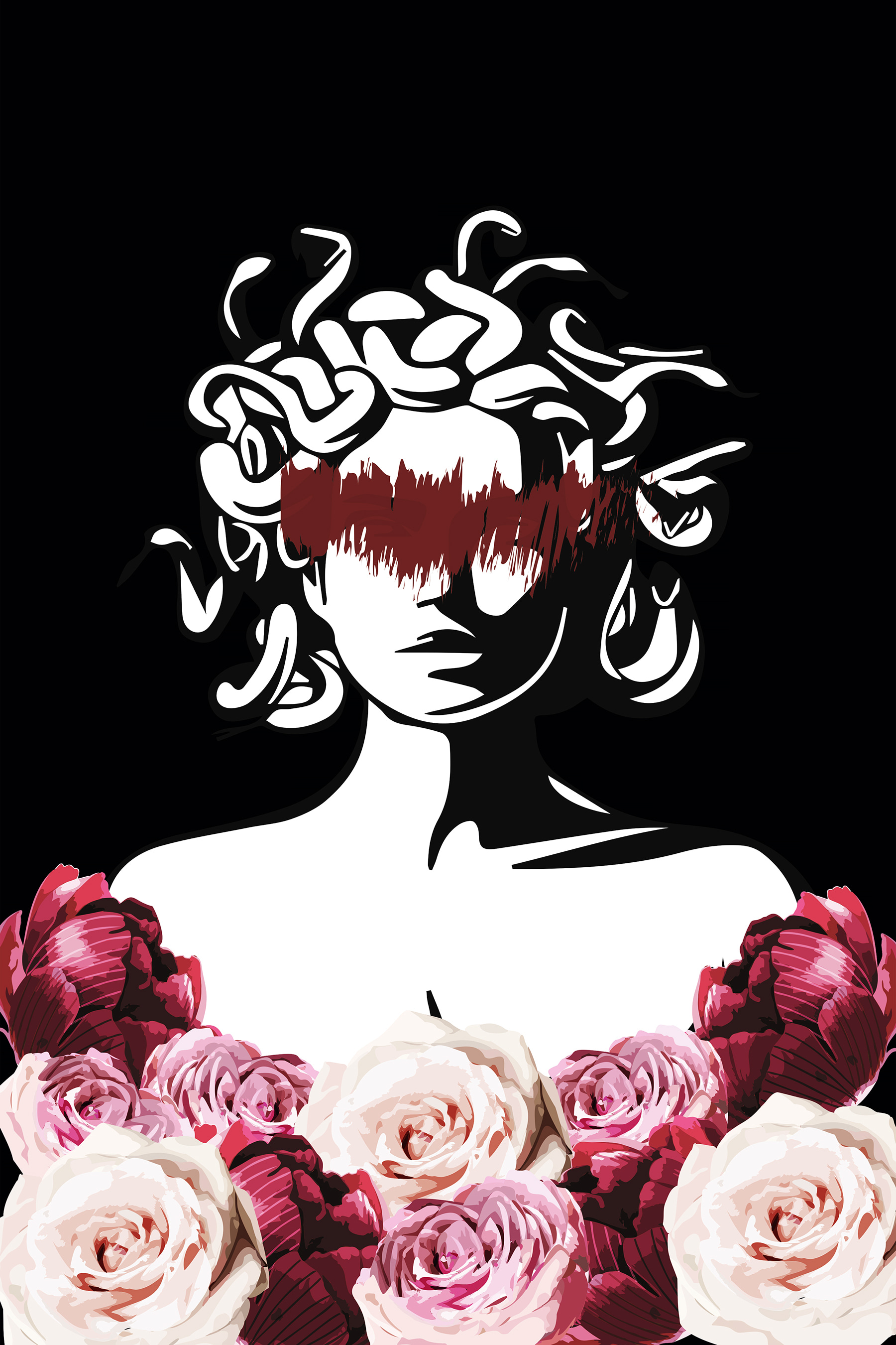 A woman with medusa's hair and flowers