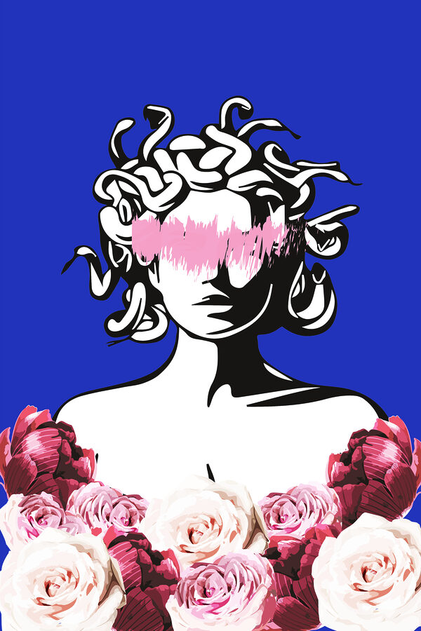 A drawing of a woman with medusa's head and flowers