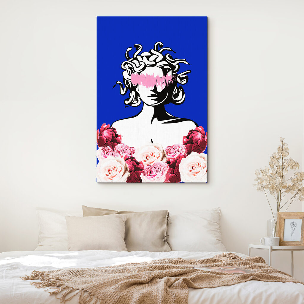 A drawing of a woman with medusa's head and flowers