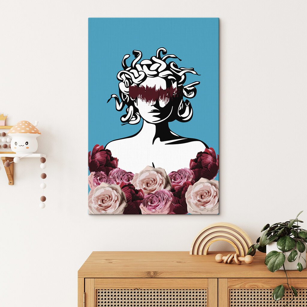 A drawing of a woman with medusa's head and flowers