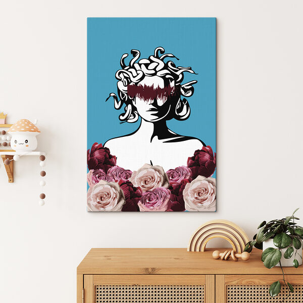 A drawing of a woman with medusa's head and flowers