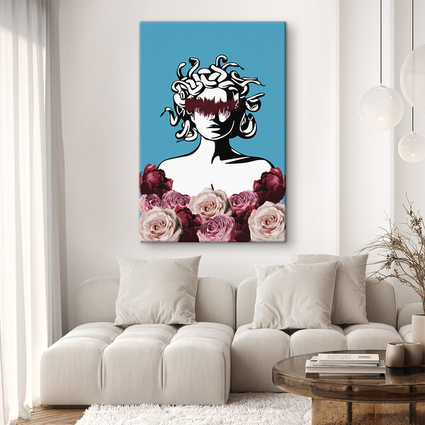 A drawing of a woman with medusa's head and flowers