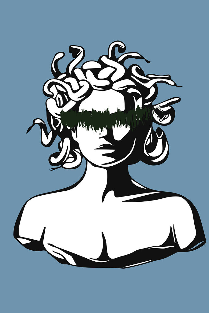 A statue of a medusa with a green line on it