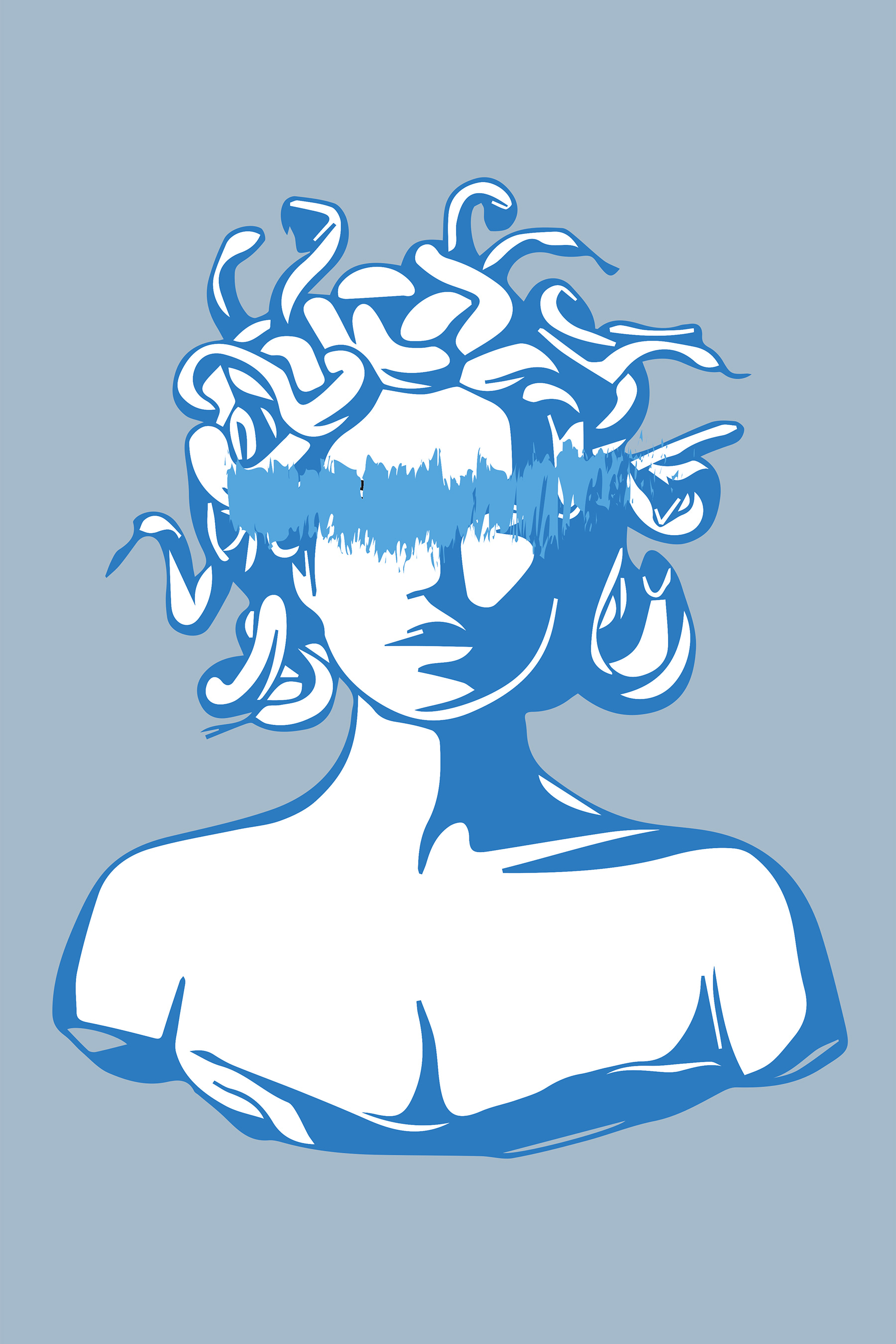 A drawing of a head of a woman with medusa's hair