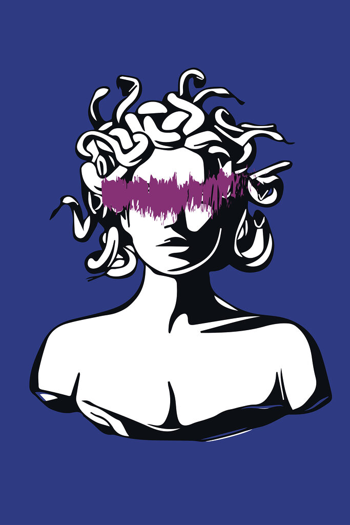 A drawing of a head of a woman with purple hair