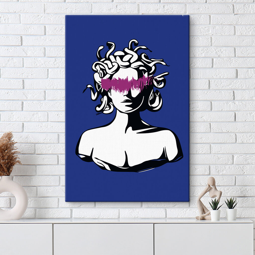 A drawing of a head of a woman with purple hair