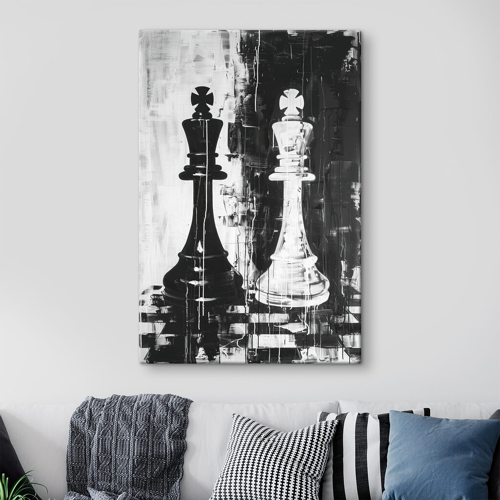 A black and white painting of a chess piece