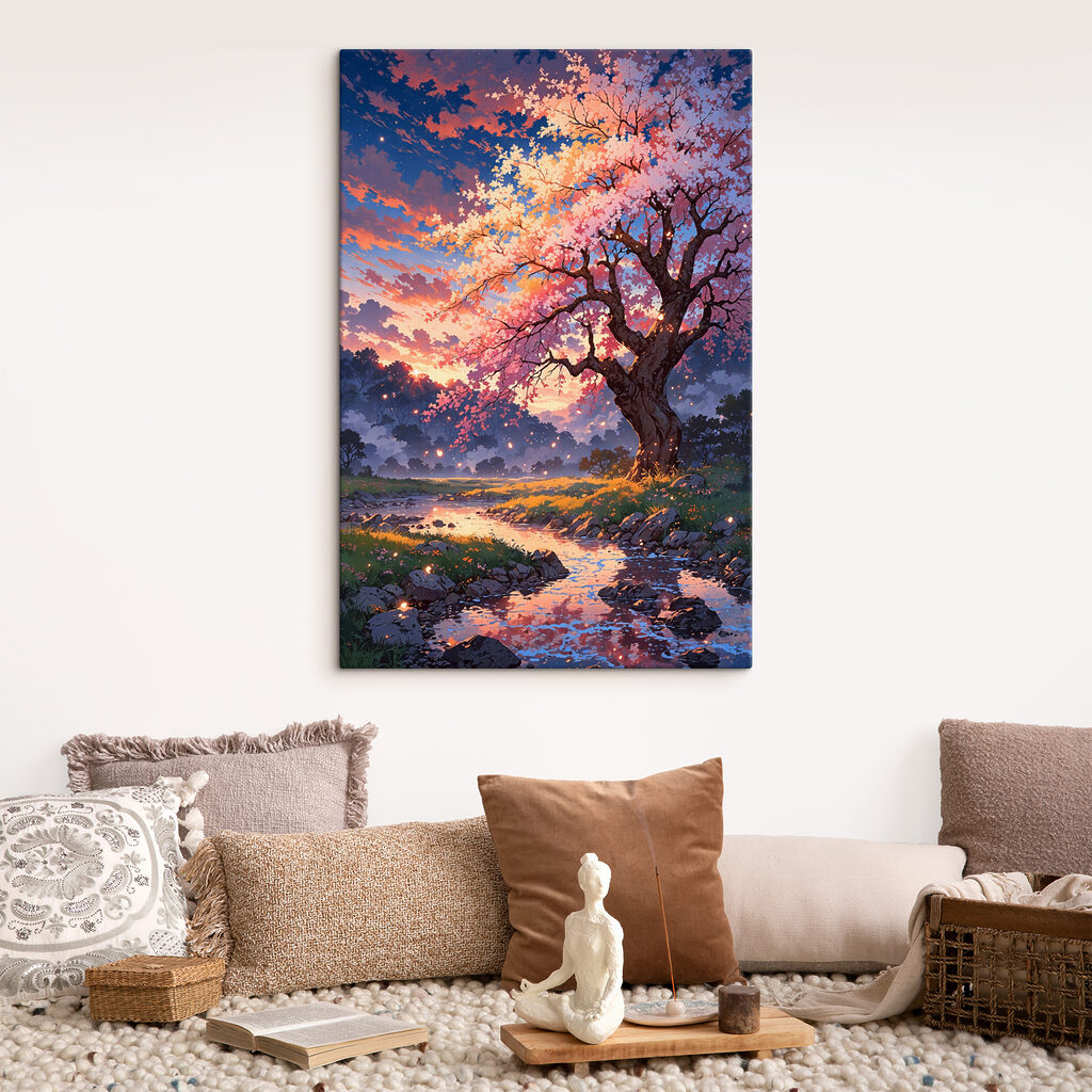 A tree with pink blossoms and a river running through it