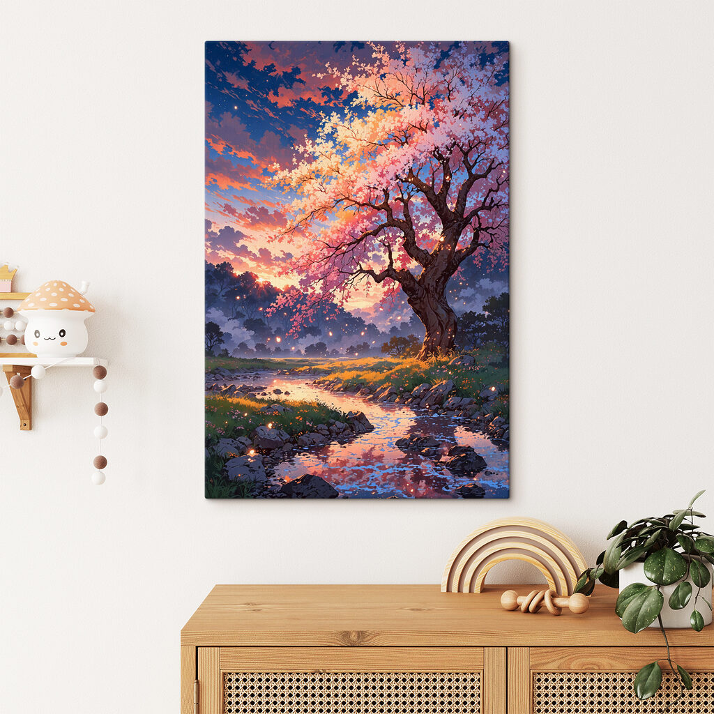 A tree with pink blossoms and a river running through it
