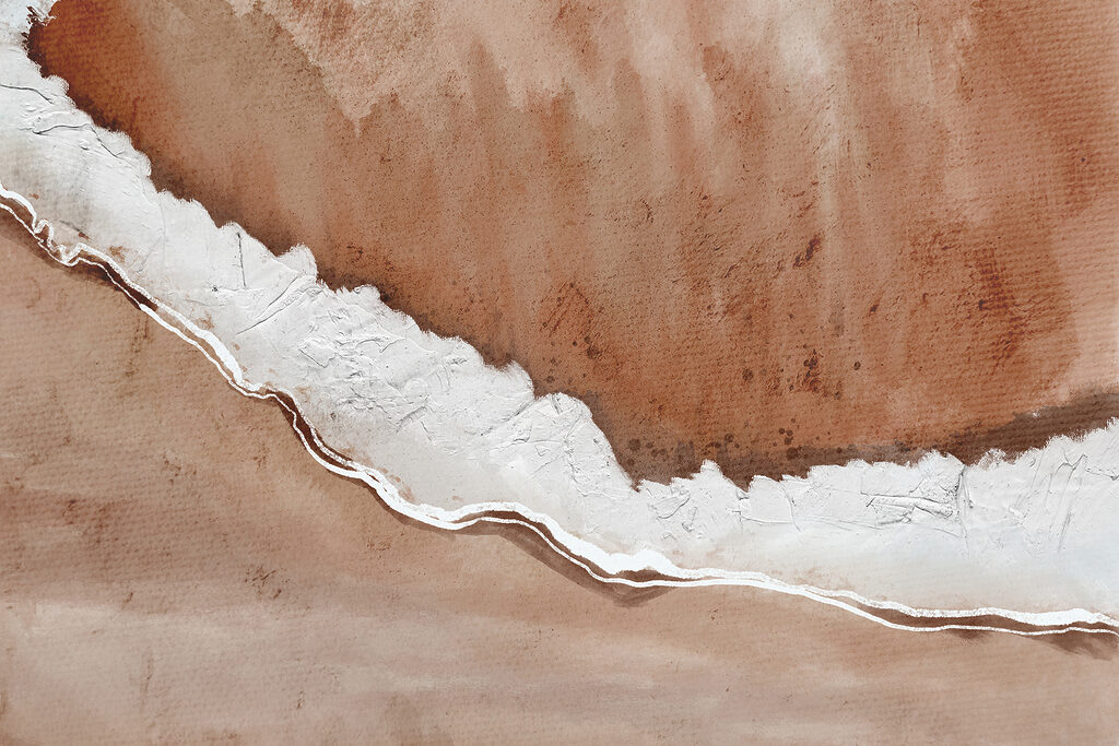 A watercolor painting of a beach