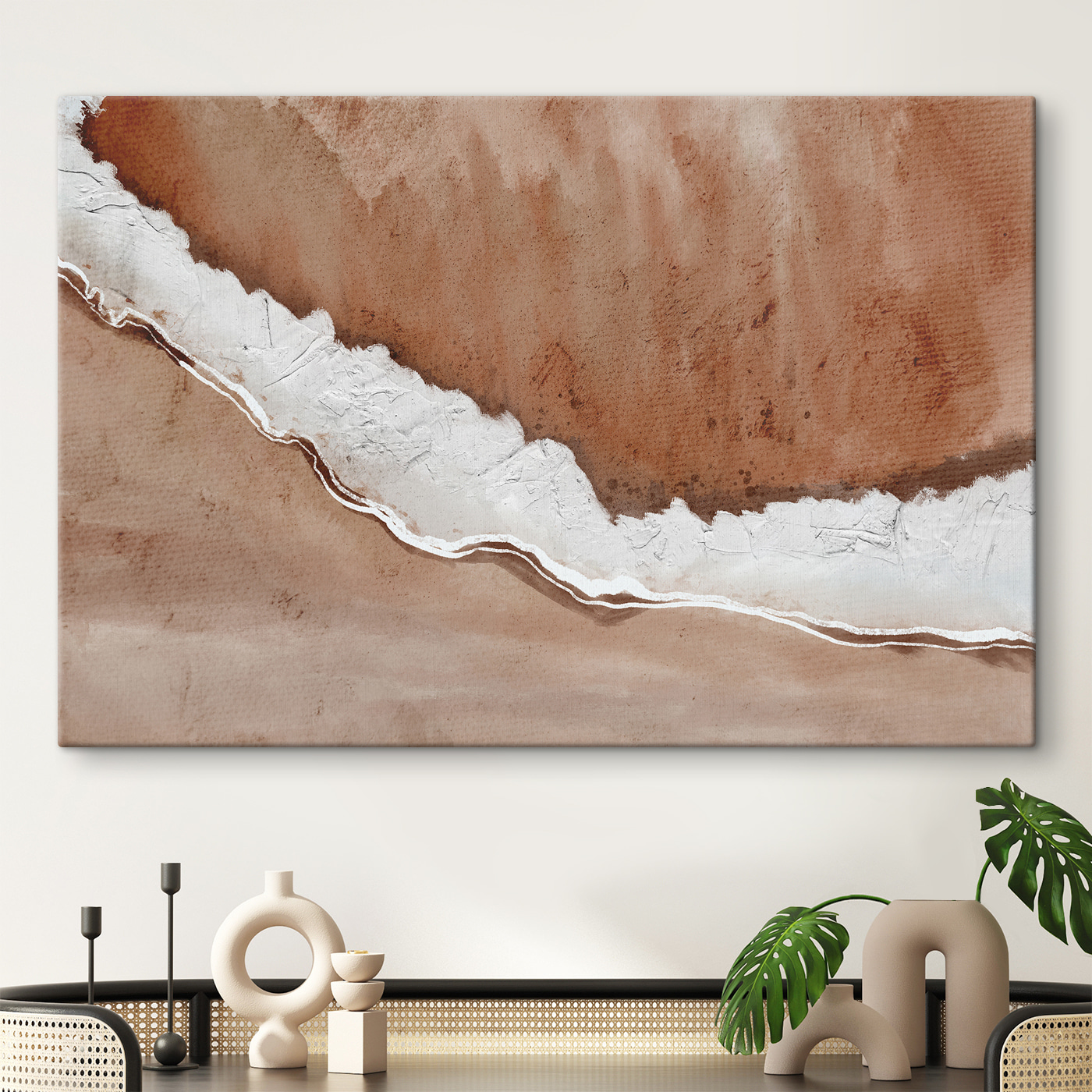 A watercolor painting of a beach