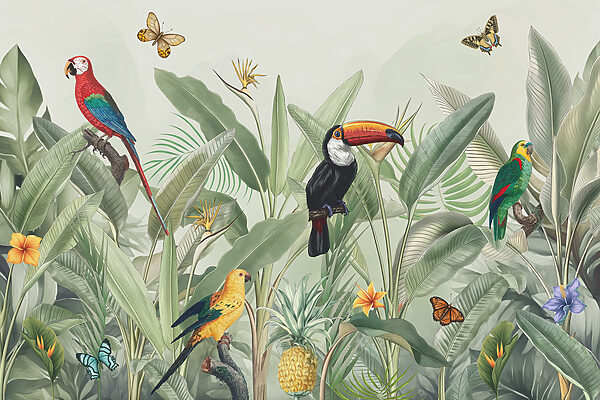 Un papel pintado con pájaros y mariposas Un papel pintado con pájaros y mariposas