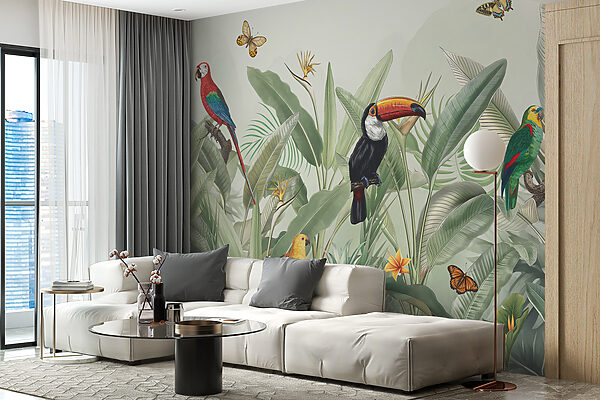Un papel pintado con pájaros y mariposas Un papel pintado con pájaros y mariposas