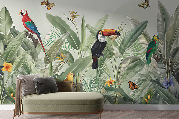 Un papel pintado con pájaros y mariposas Un papel pintado con pájaros y mariposas