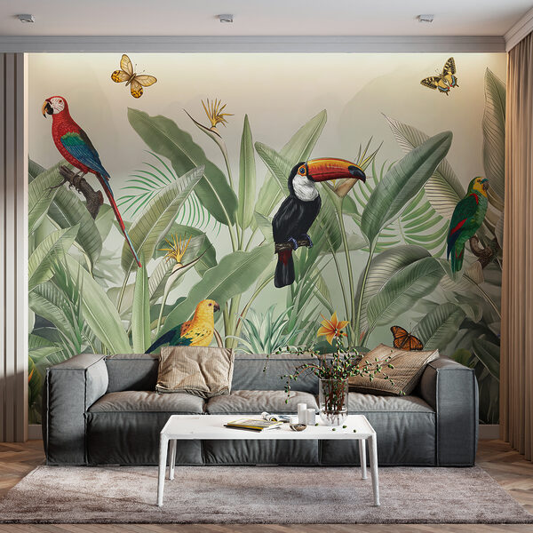 Un papel pintado con pájaros y mariposas Un papel pintado con pájaros y mariposas