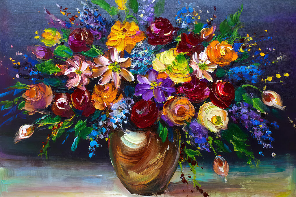 A painting of flowers in a vase A painting of flowers in a vase