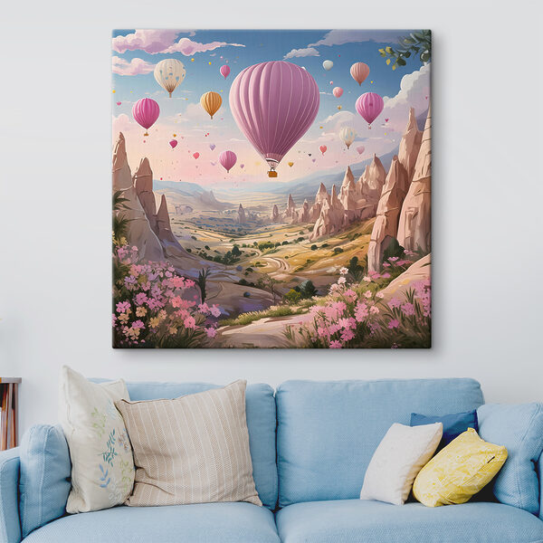 A landscape with mountains and hot air balloons A landscape with mountains and hot air balloons