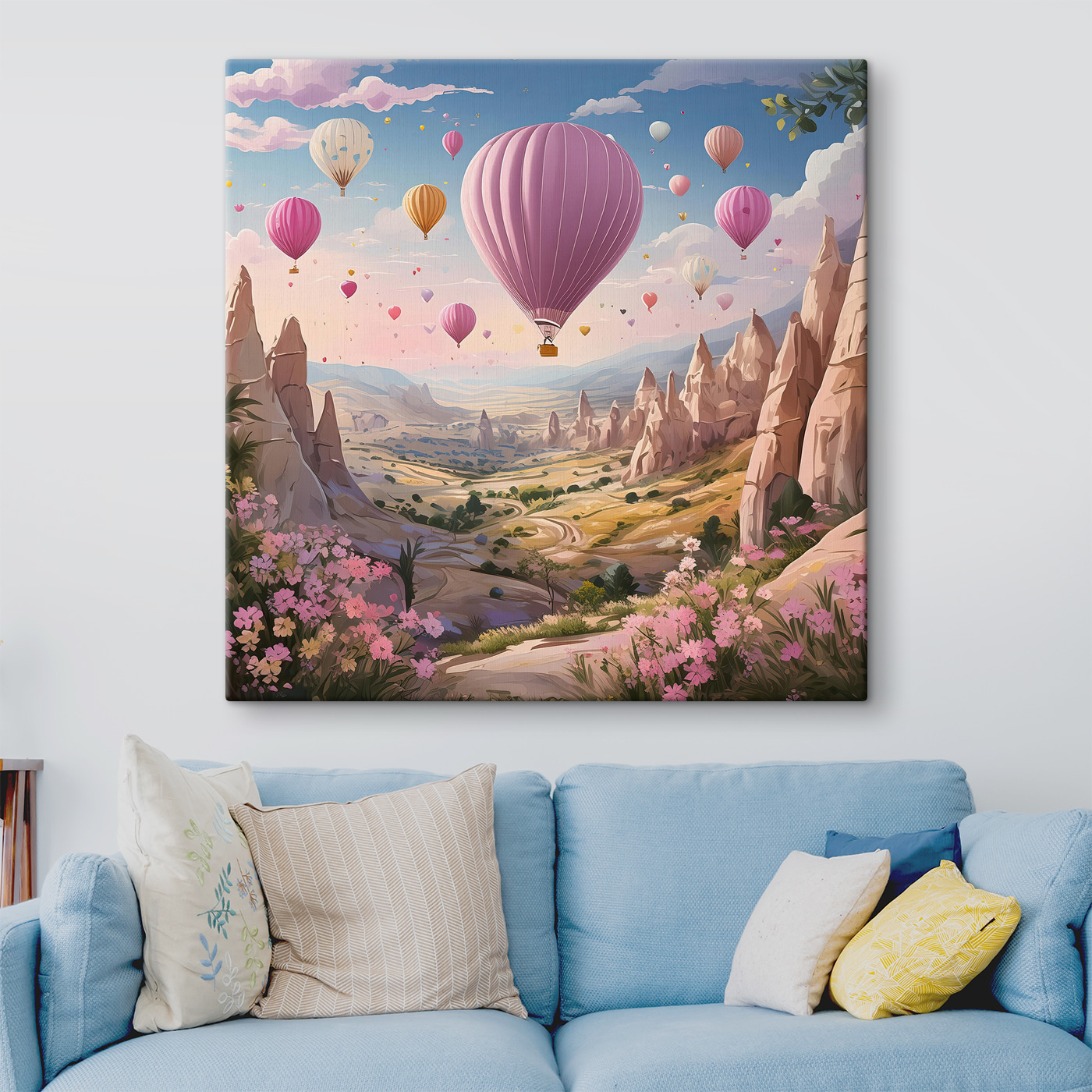 A landscape with mountains and hot air balloons A landscape with mountains and hot air balloons