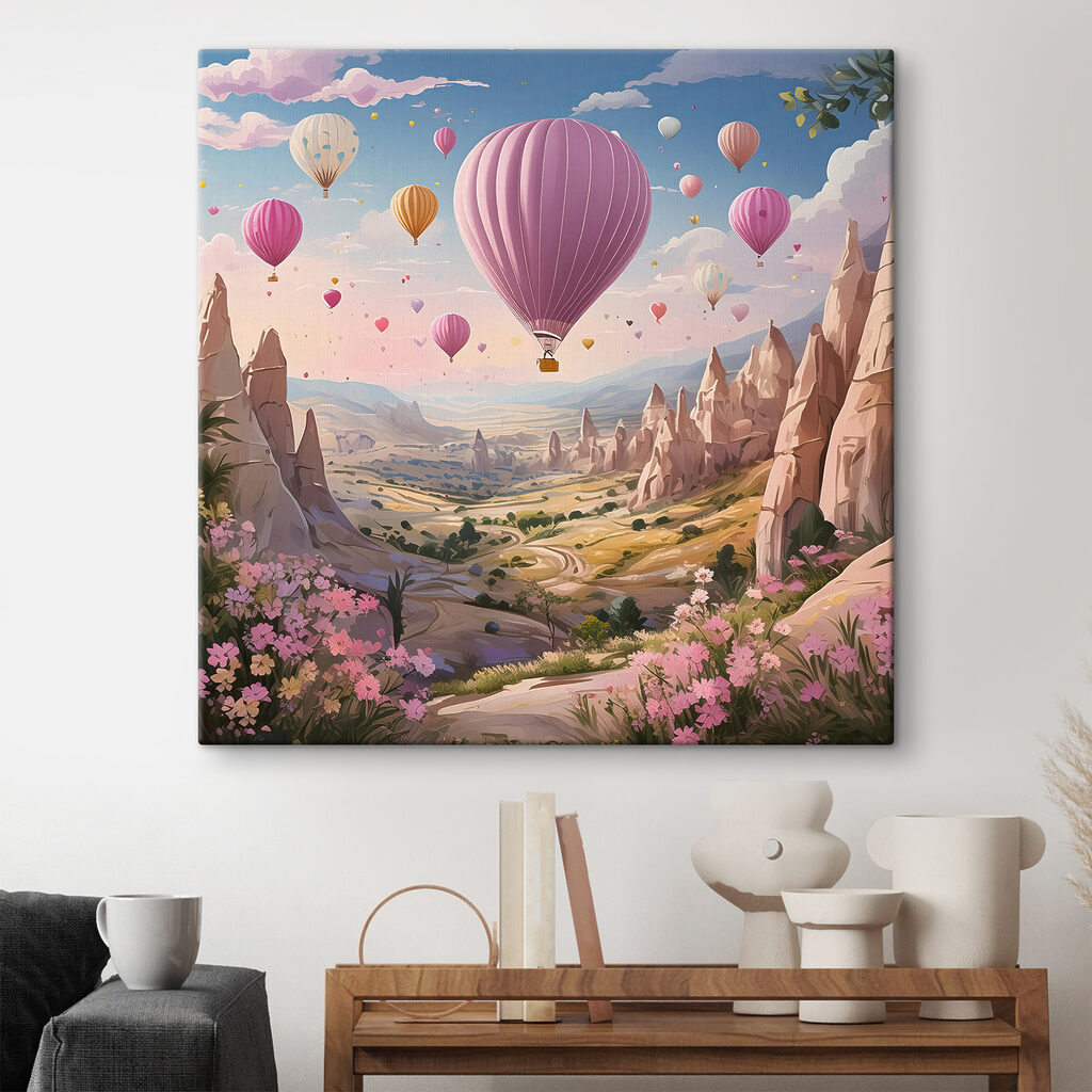 A landscape with mountains and hot air balloons A landscape with mountains and hot air balloons