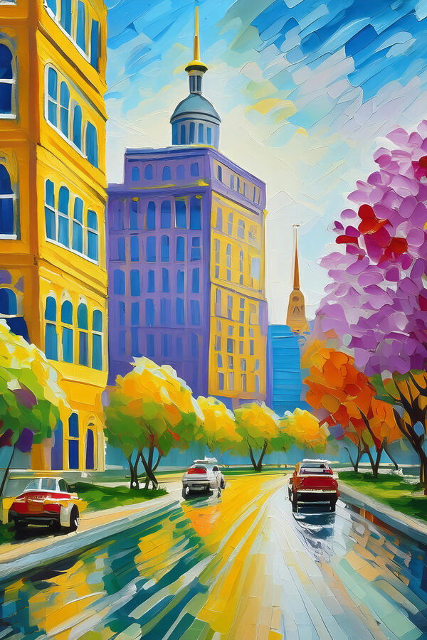 A painting of a city street with cars and trees