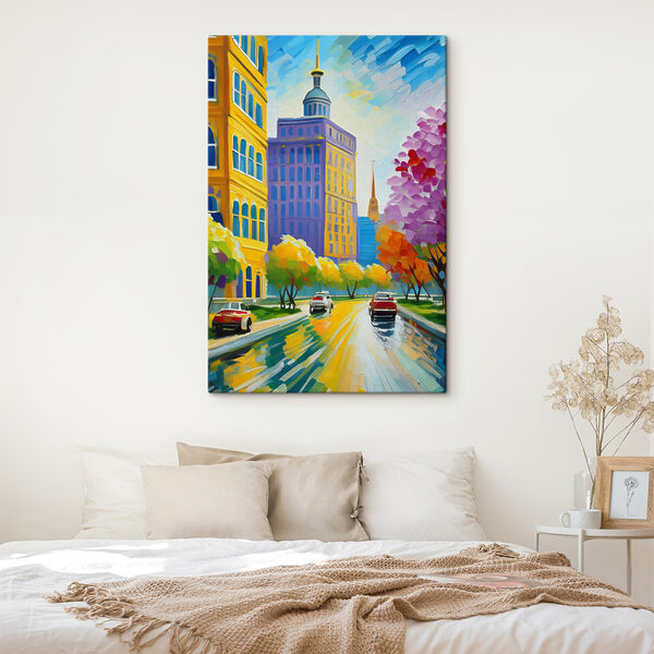 Cuadros Un cuadro que representa una calle de la ciudad con coches y árboles (SKU: s38657) Cuadros Cuadros Un cuadro que representa una calle de la ciudad con coches y árboles (SKU: s38657)
