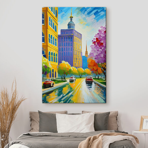 A painting of a city street with cars and trees