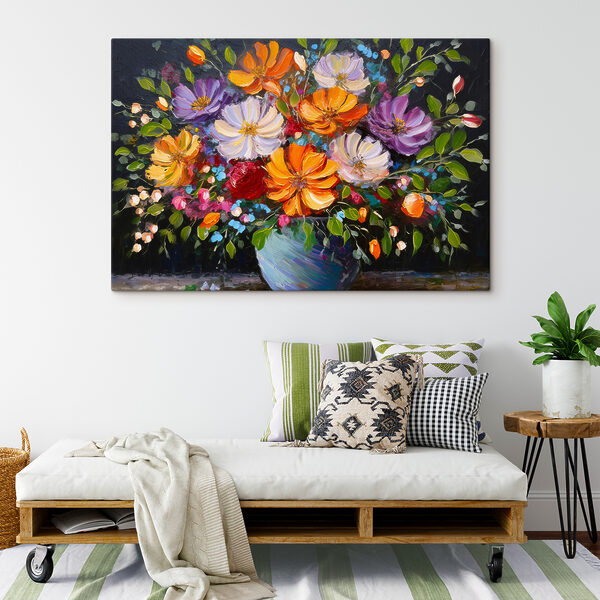 A painting of flowers in a blue vase A painting of flowers in a blue vase
