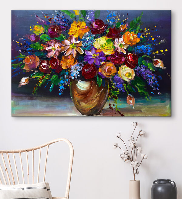 A painting of flowers in a vase A painting of flowers in a vase