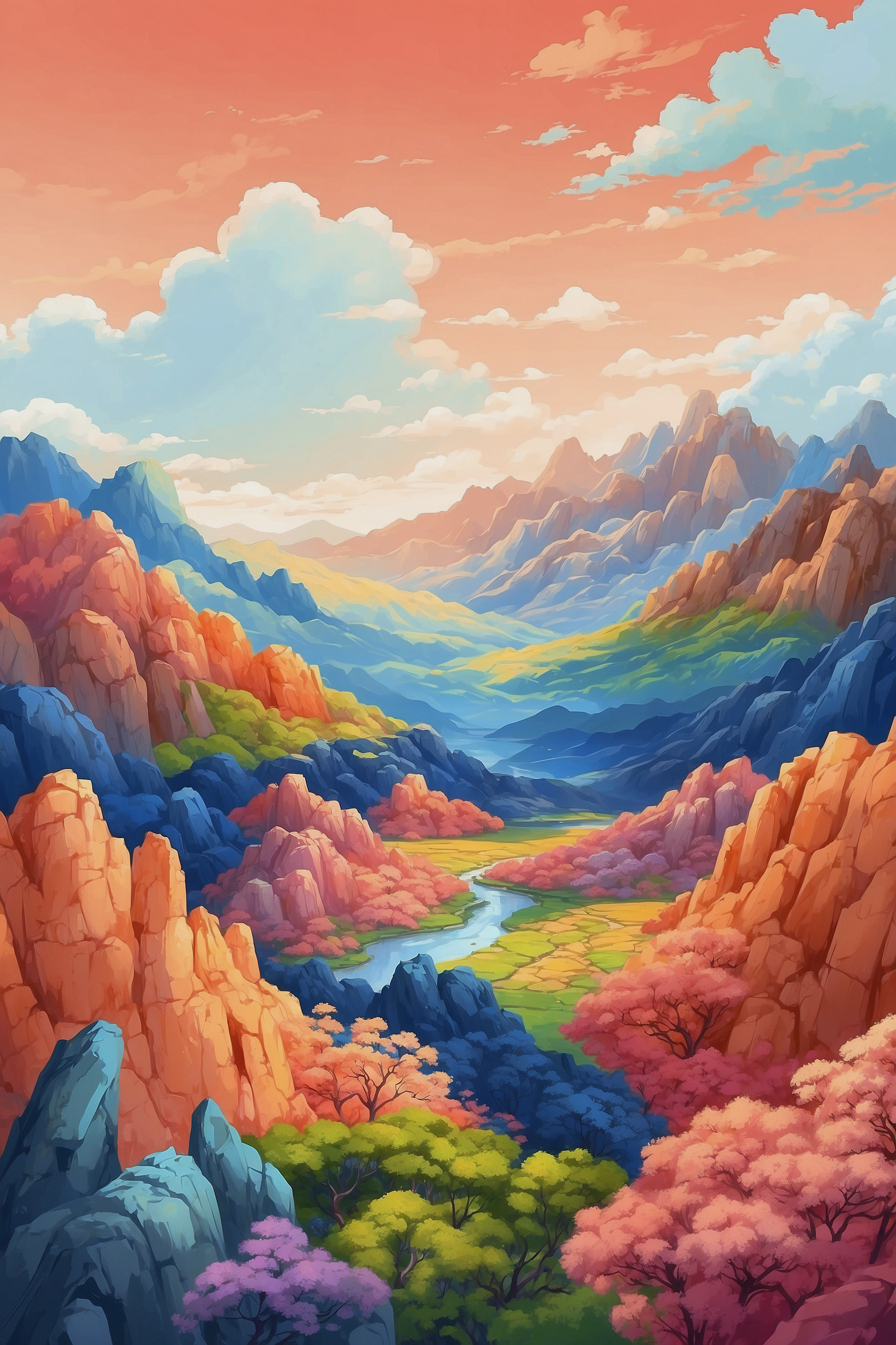 A landscape of mountains and a river A landscape of mountains and a river