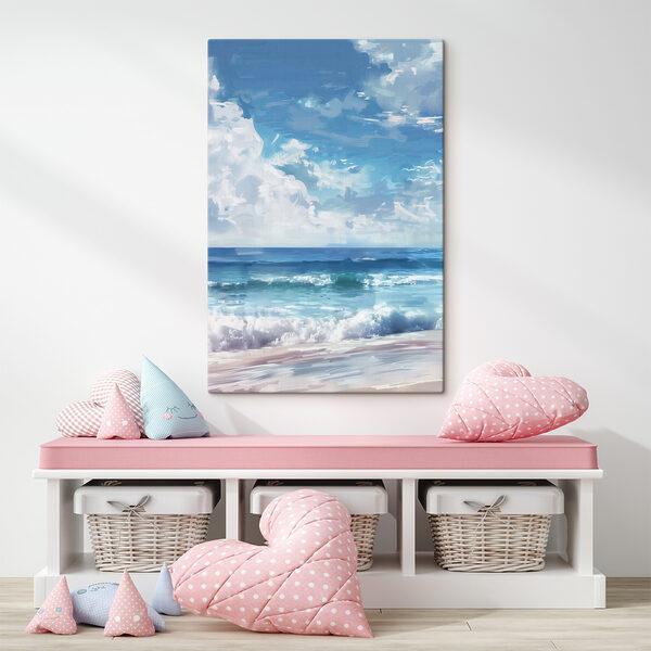 A beach with waves and clouds