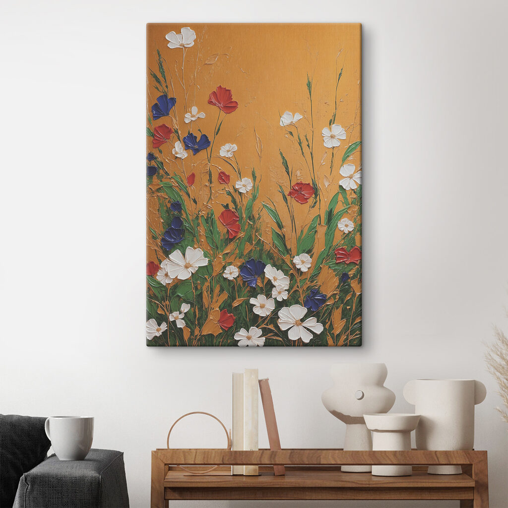 A painting of flowers on a wall A painting of flowers on a wall