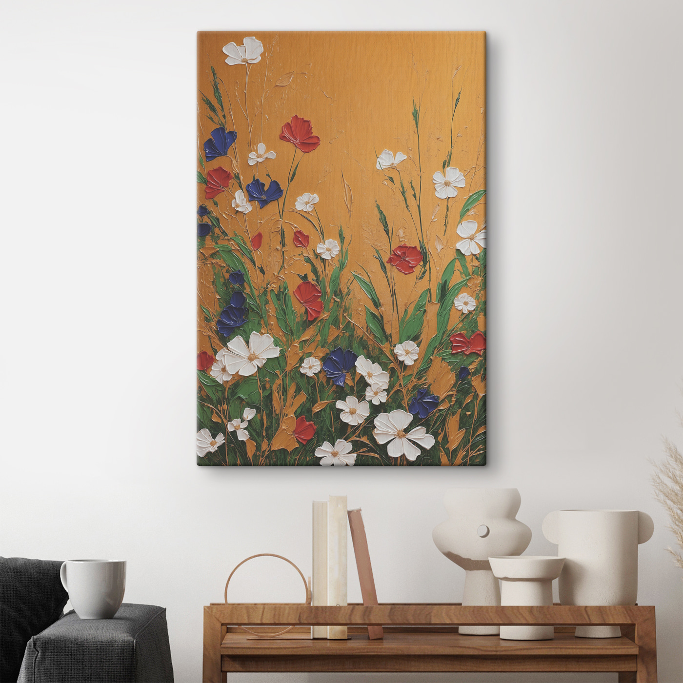 A painting of flowers on a wall A painting of flowers on a wall