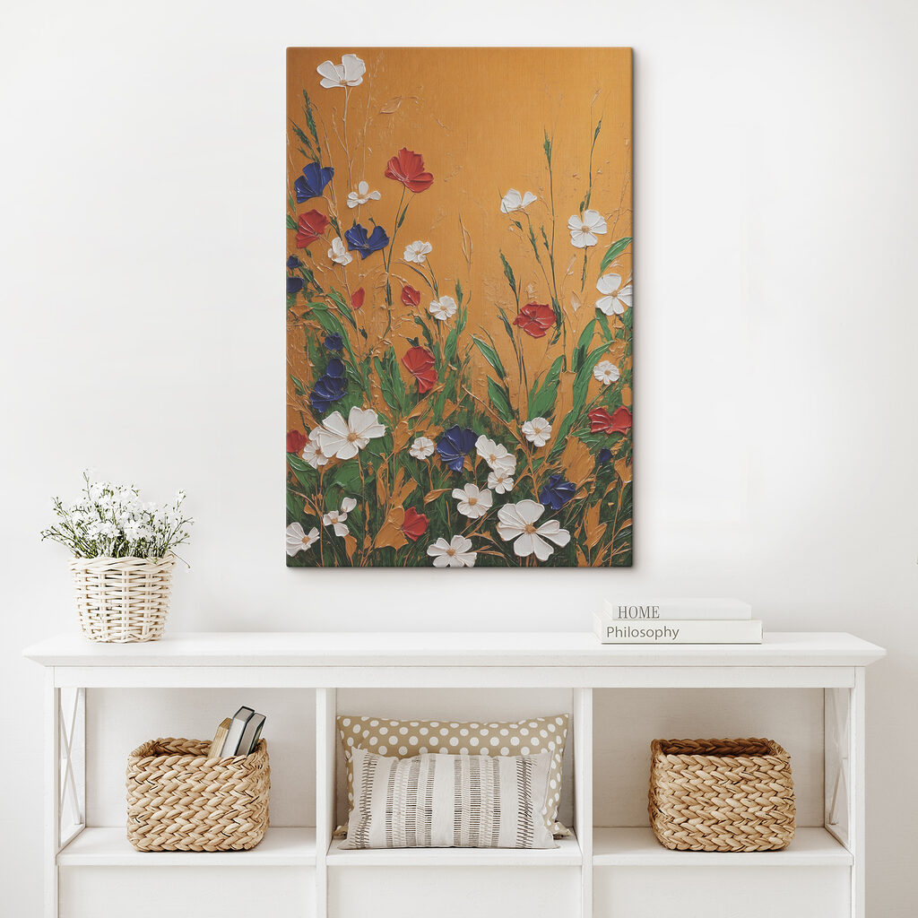 A painting of flowers on a wall A painting of flowers on a wall