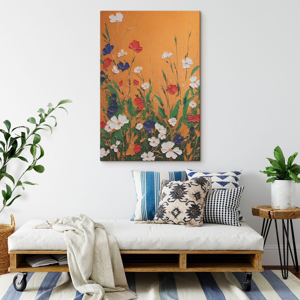 A painting of flowers on a wall A painting of flowers on a wall